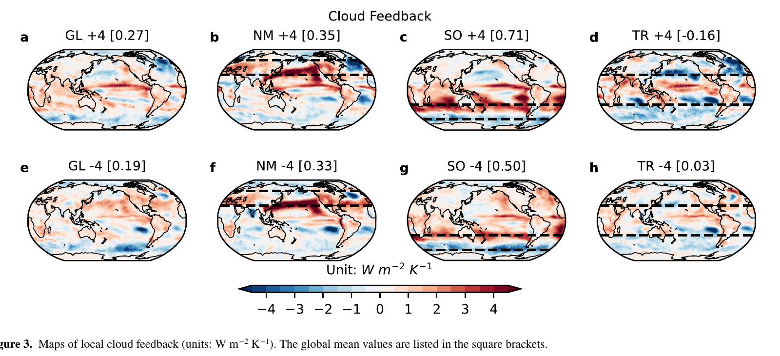 Figure 3 from Zhang et al. 2023 showing cloud feedback spatial patterns