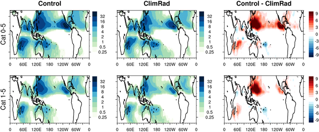 Extracted Figure 3 showing tropical cyclone track density maps and differences